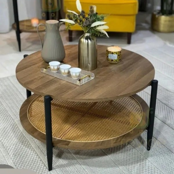 طاولة جانبية خشب هندي 2 دور بقواعد معدن باللون البيج مقاس 80x80x44 سم