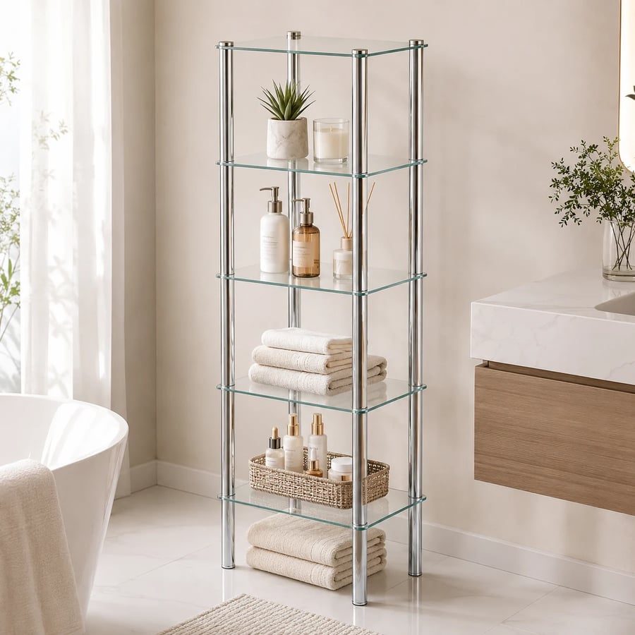 أرفف زجاج شفاف 5 دور بأعمدة استيل 137×40×30 سم