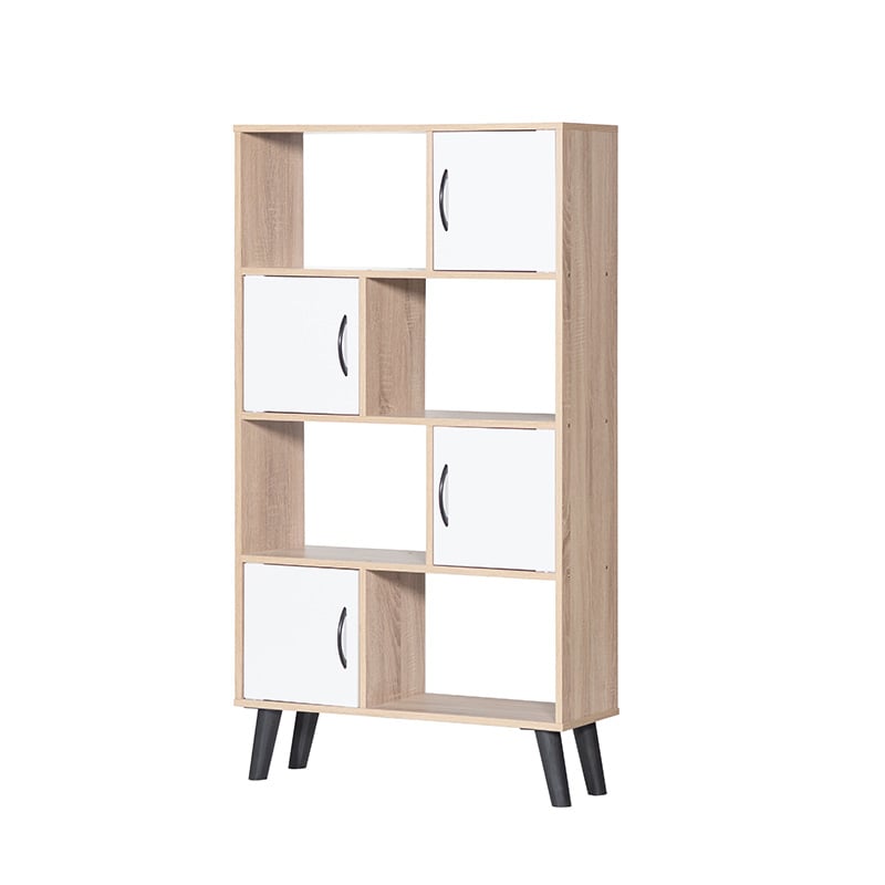 A 4-tier shelving unit with drawers for storage in beige and white.