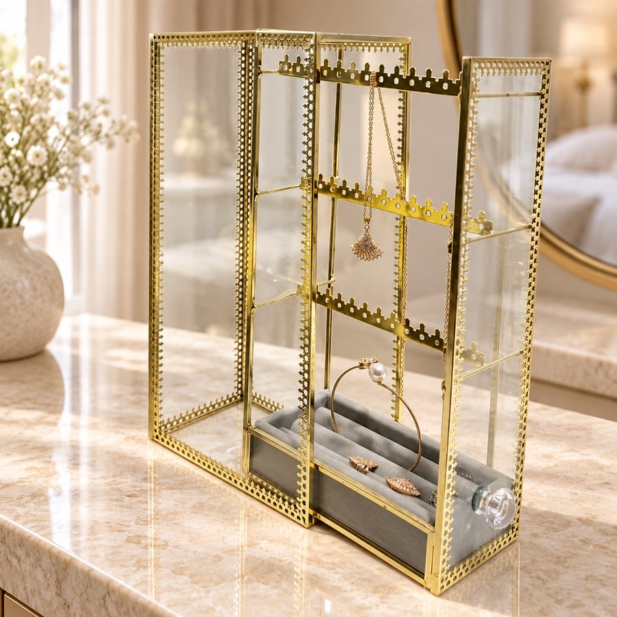 منظم إكسسوارات زجاج بإطار ذهبي وأرفف متعددة - 25×14 سم