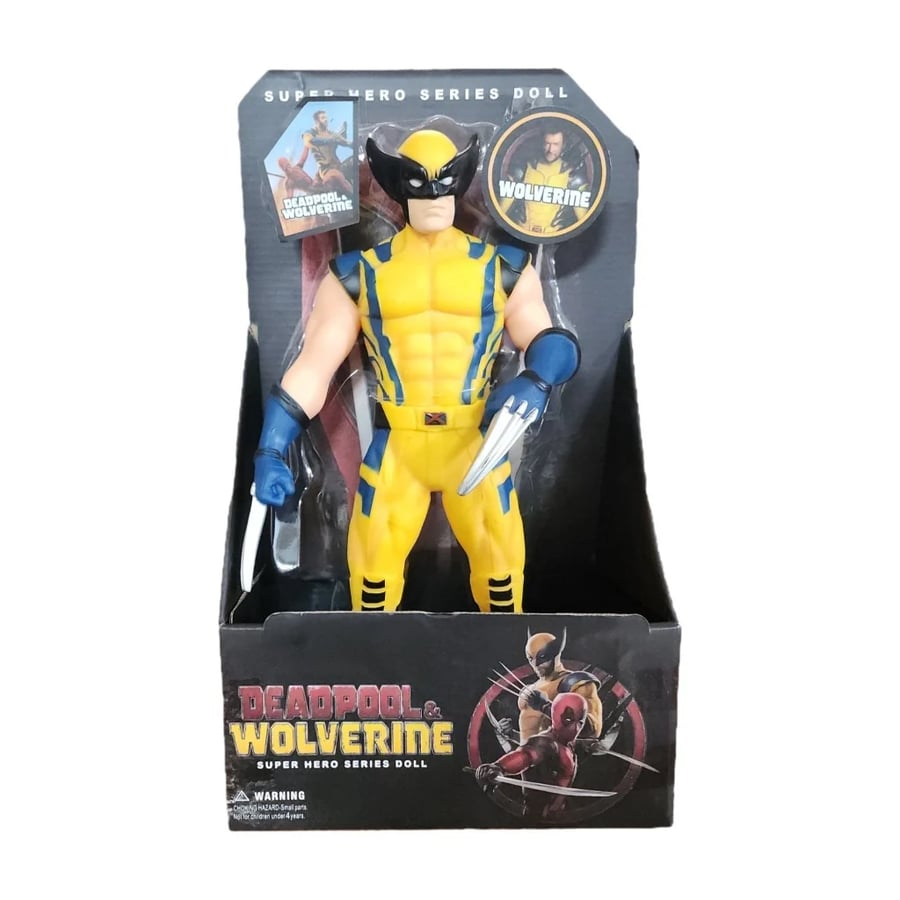 مجسم وولفرين Wolverine ببدلة صفراء وزرقاء ومخالب فضية – 34 سم