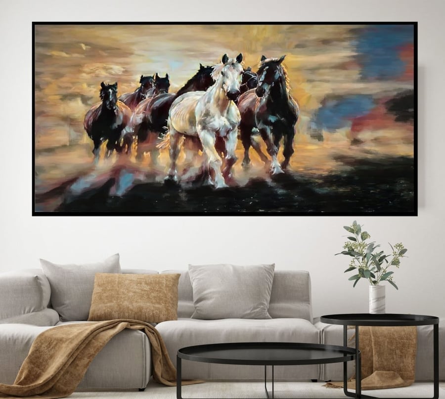 لوحة قماشية بتصميم خيول متعددة الألوان مقاس 70x140 سم