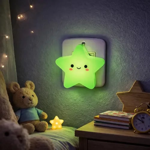 مصباح ليلي LED للأطفال بتصميم نجمة خضراء مبتسمة