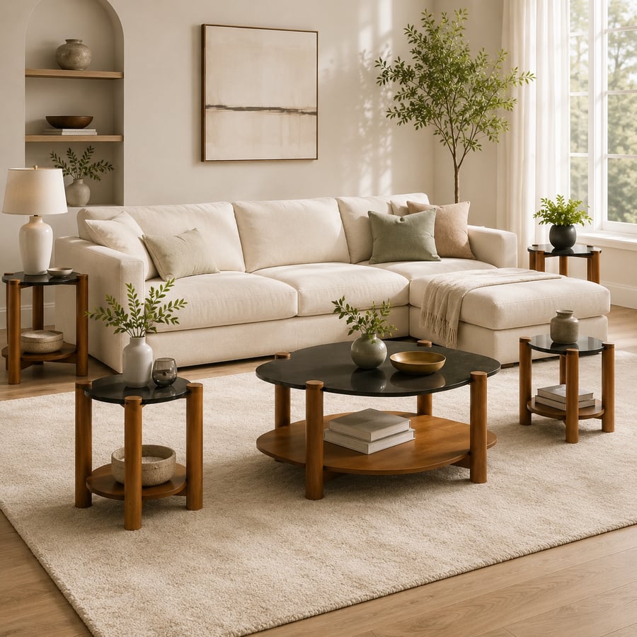 طقم طاولات خدمة 4+1 بتصميم مودرن يضم طاولة وسط و4 طاولات جانبية، بتصميم عملي وأنيق للضيافة والمجلس وغرفة المعيشة.