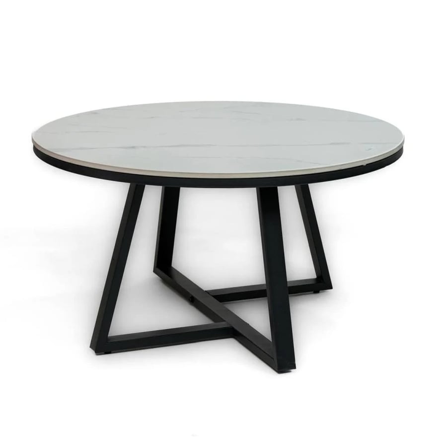 A set of tables made of wood and metal with a distinctive design in white and black.
