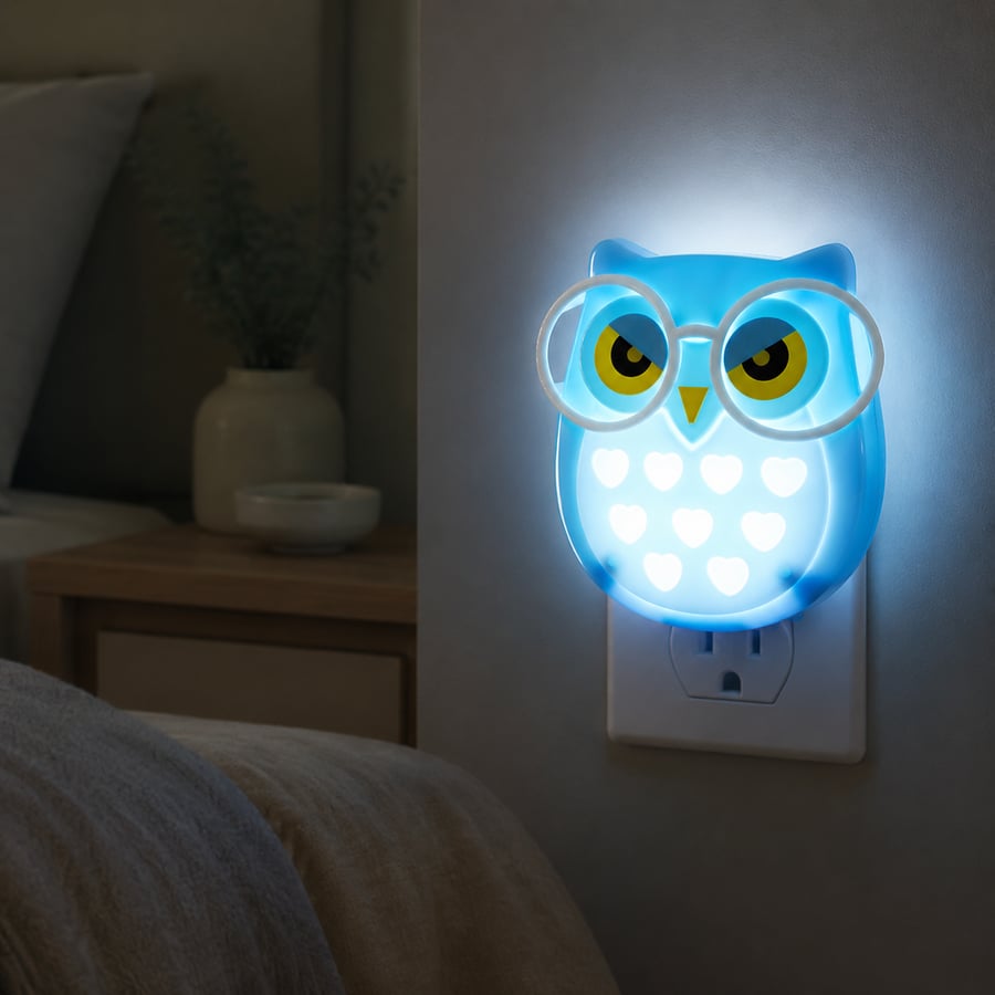 مصباح ليلي LED للأطفال بتصميم بومة زرقاء - تشغيل باللمس