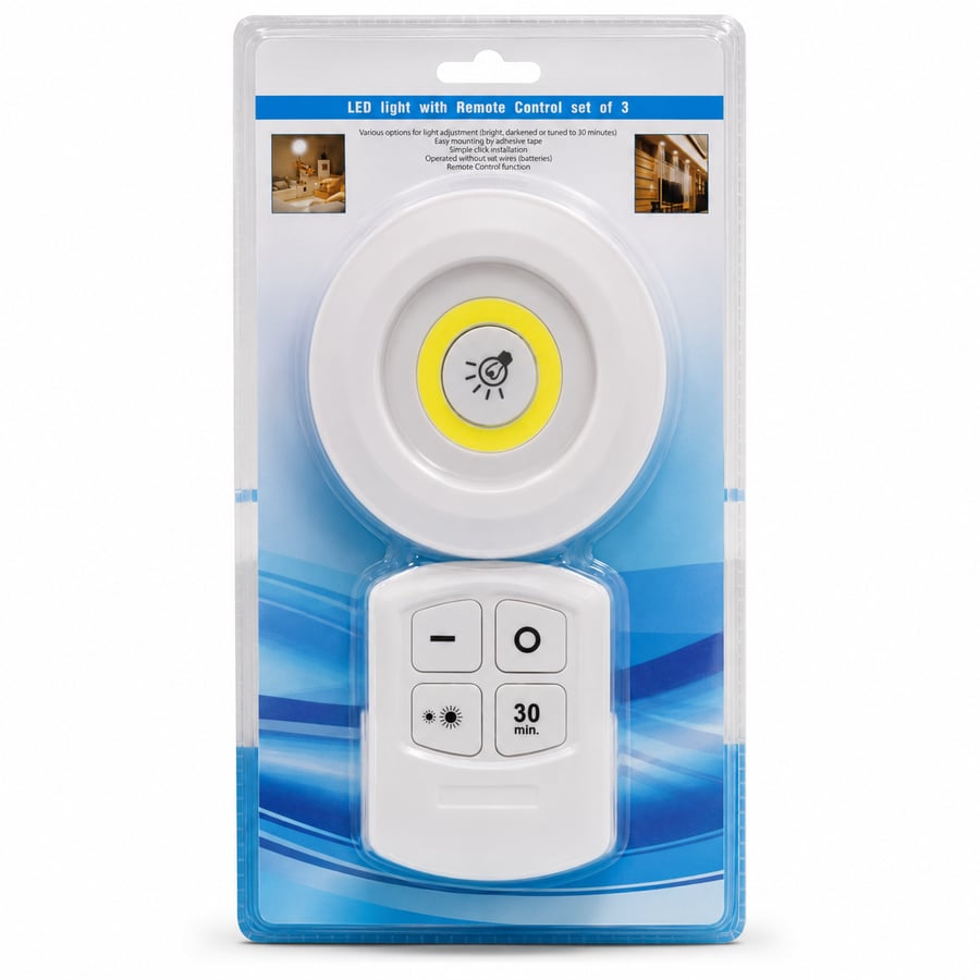 مصباح LED COB لاسلكي 3 واط بضوء أصفر مع ريموت وتحكم بالسطوع - أبيض