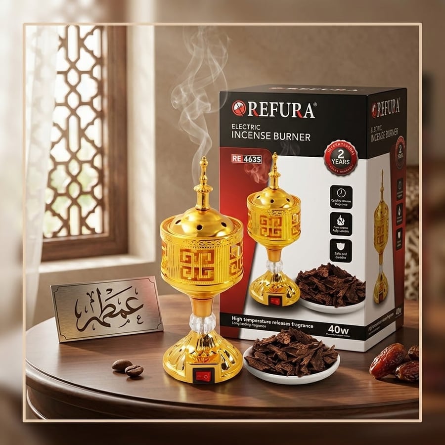 مبخرة كهربائية ريفورا REFURA RE-4635 للعود والبخور بقوة 40 واط وضمان سنتين - ذهبي