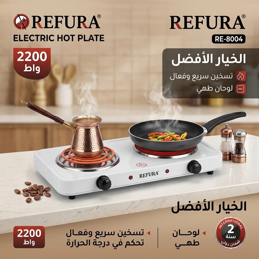 موقد كهربائي ريفورا RE-8004 عينين مع تحكم مستقل بالحرارة – 2200 واط – أبيض