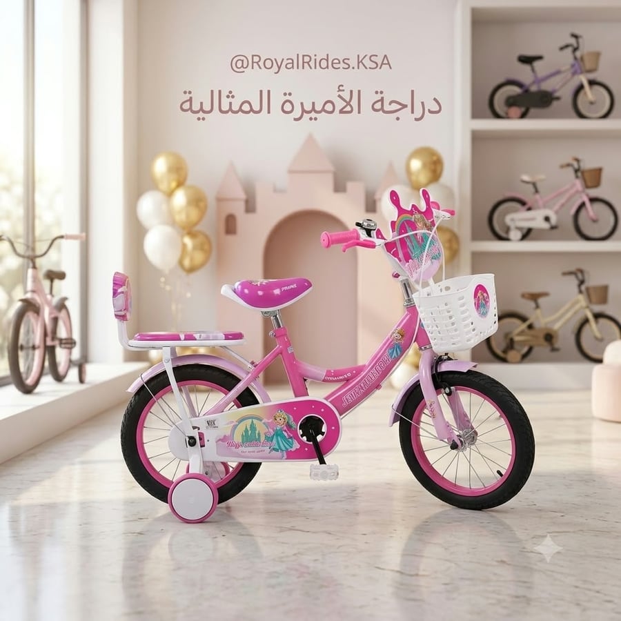 دراجة أطفال 14 بوصة وردي بتصميم أميرات مع سلة أمامية ومقعد خلفي وعجلات مساعدة