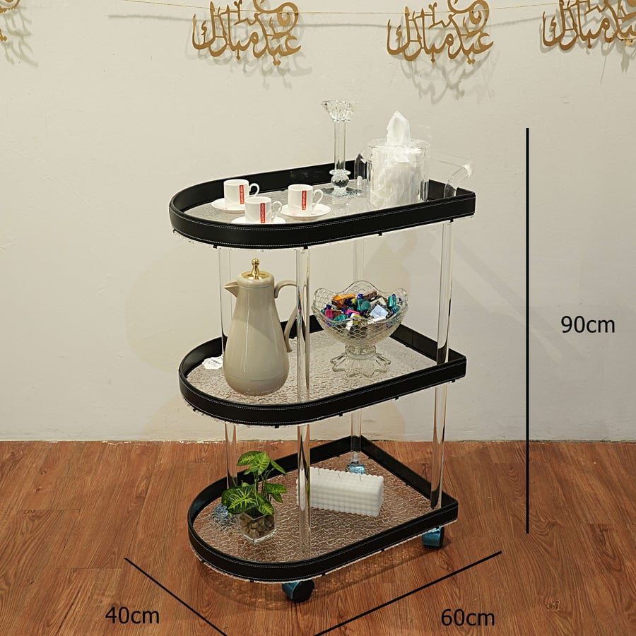 عربة ترولى زجاج لتقديم الحلوى و المشروبات 3 دور بشكل بيضاوى باللون شفاف و أسود مقاس 40x60x90 سم