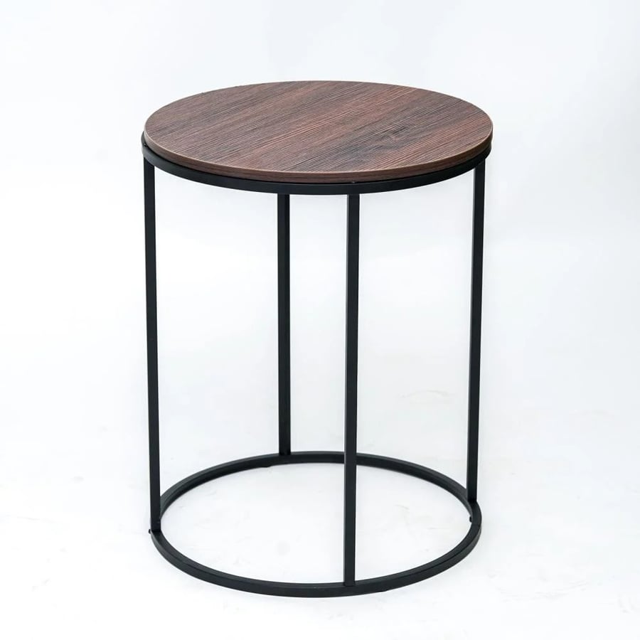 A set of tables made of metal and wood with a distinctive design in brown and black.