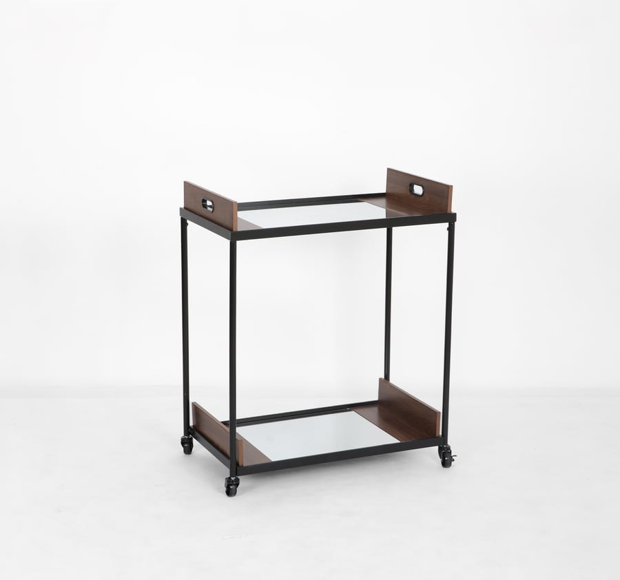 Service trolley cart made of wood, brown and black color, size 68x40x85 cm