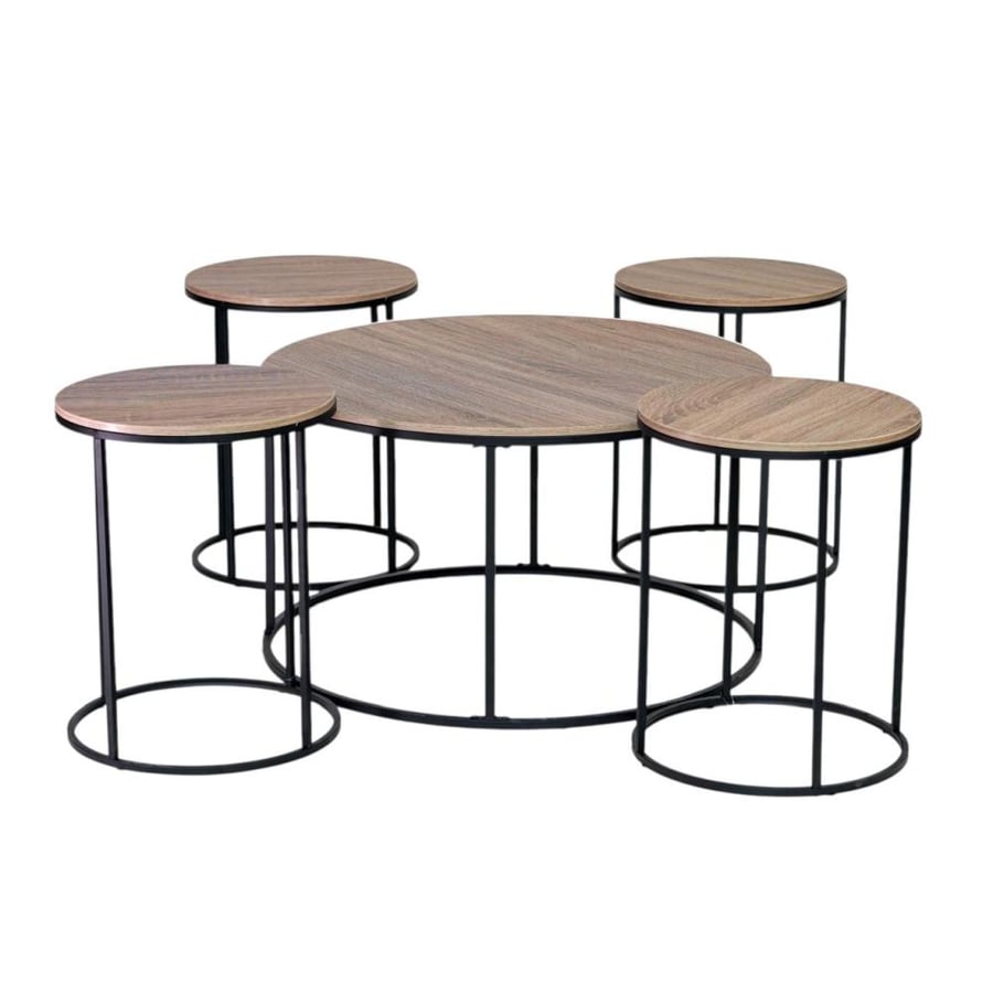 A set of tables made of wood and metal with a distinctive design in beige and black.