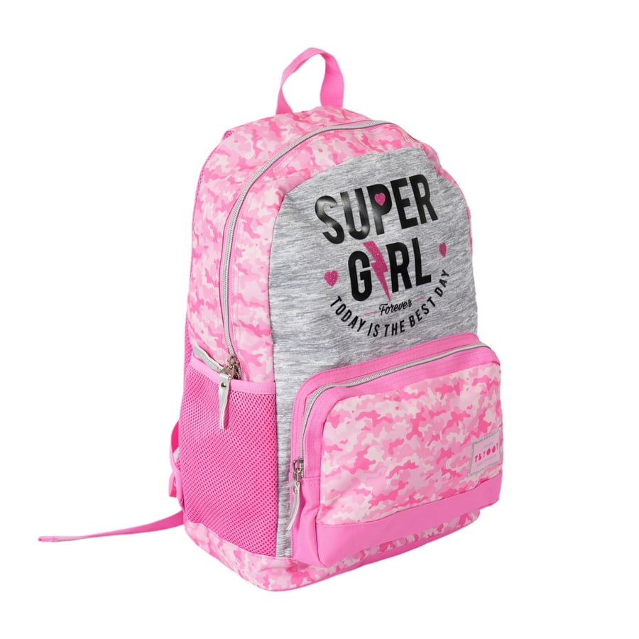 مجموعة شنطة ظهر مدرسية 4 في 1 بتصميم سوبر جيرل لون رمادي و وردي