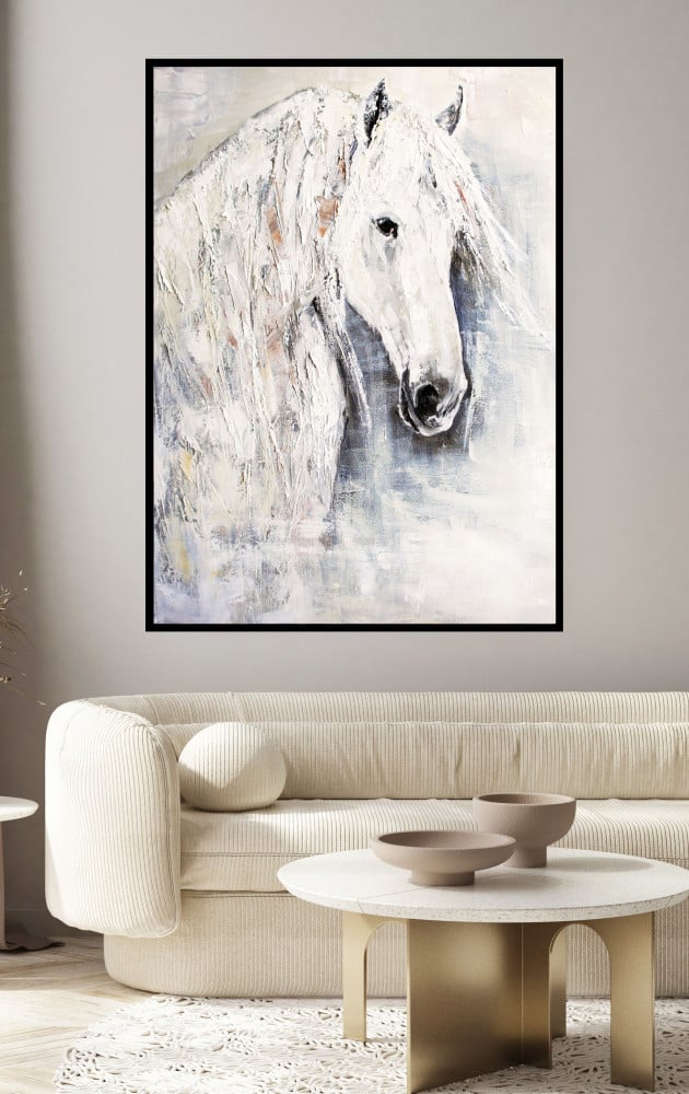 لوحة قماشية بتصميم خيل باللون الأبيض مقاس 60x90 سم