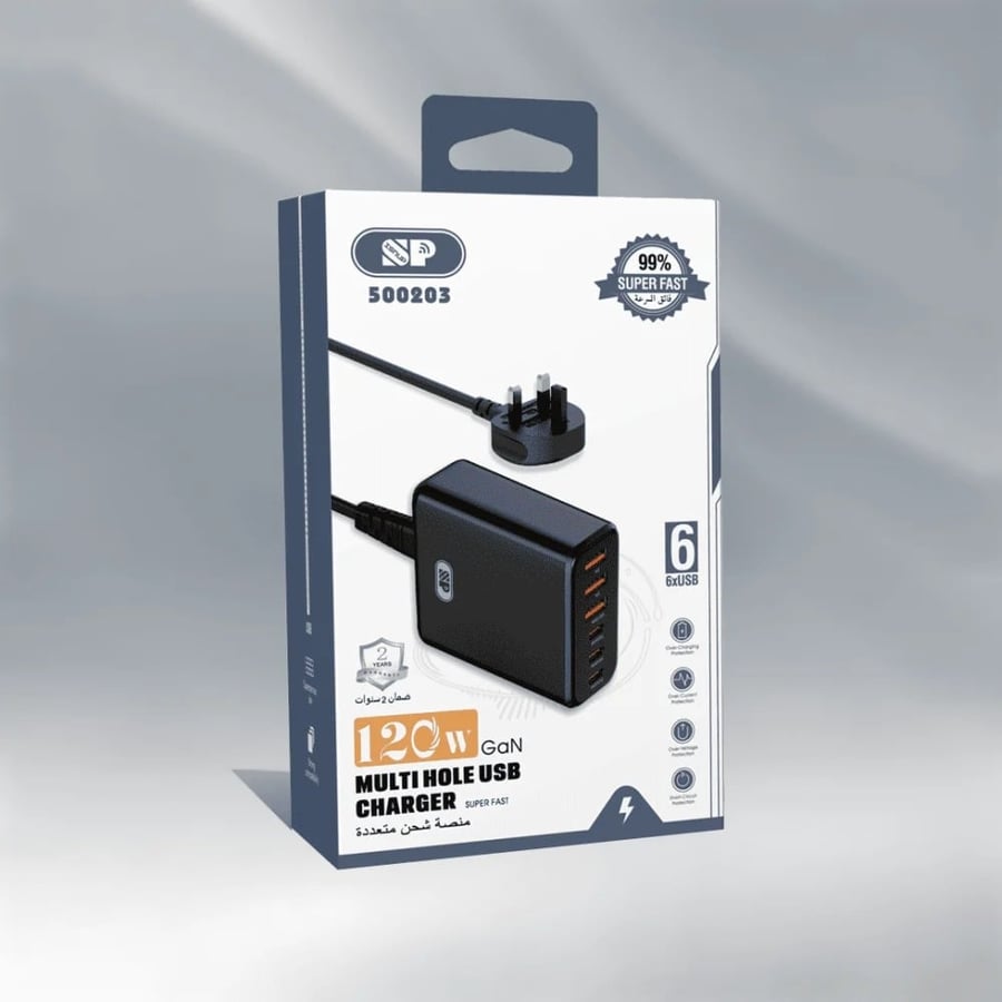 شاحن جداري SPON 120 واط – 3 منافذ Type-C و3 USB