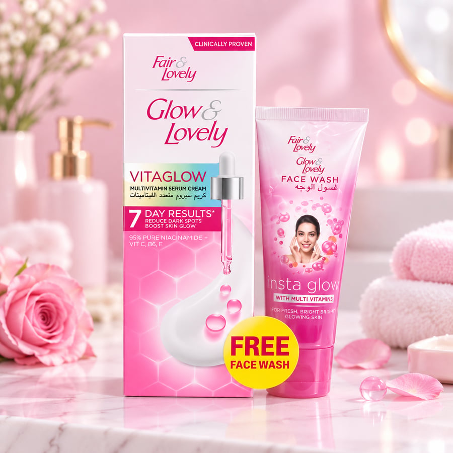 كريم سيروم Glow & Lovely VitaGlow متعدد الفيتامينات مع غسول وجه هدية