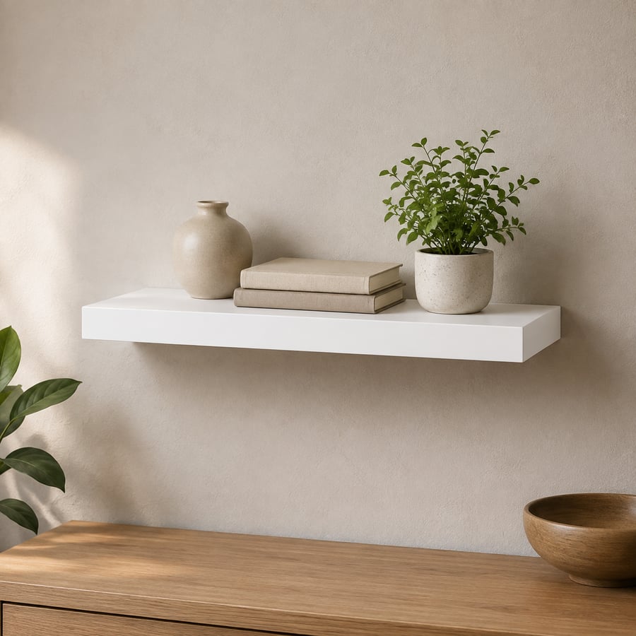 رف ديكور خشبي أبيض 60×25×3.8 سم – رف حائط عائم بتصميم عصري
