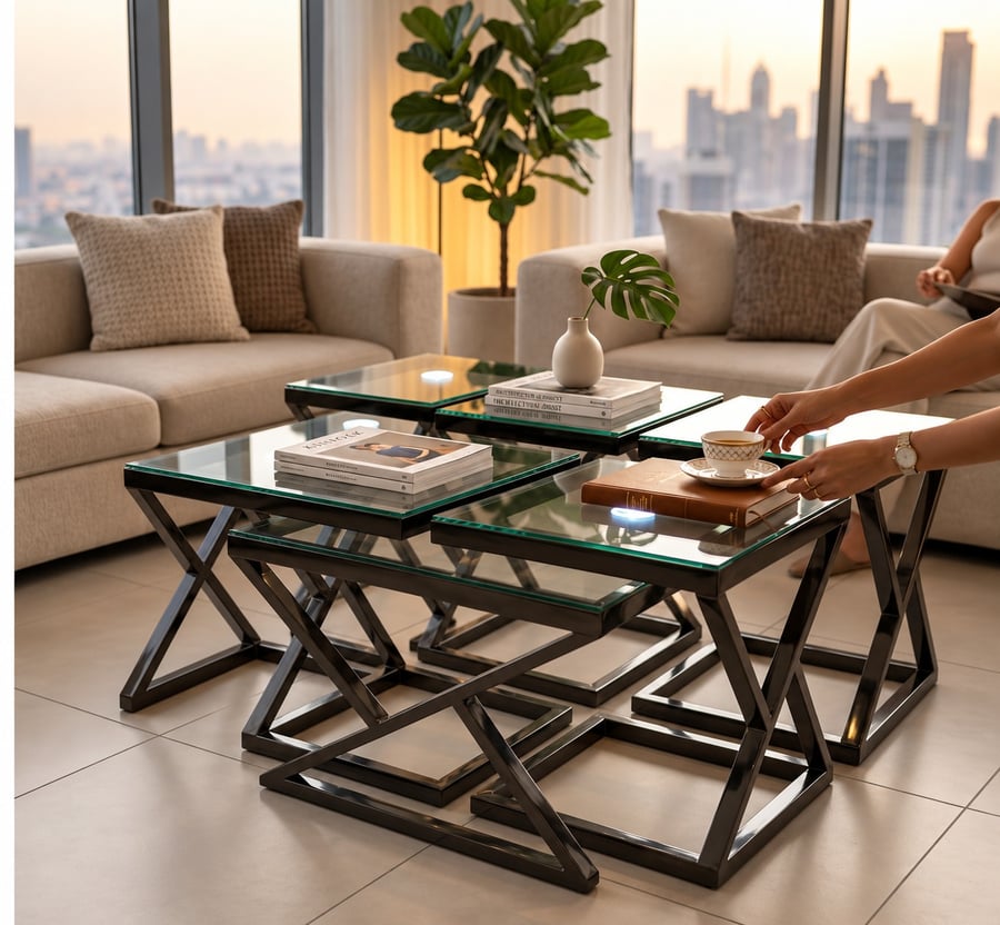 طقم طاولات معدن أسود بسطح زجاج - 5 قطع