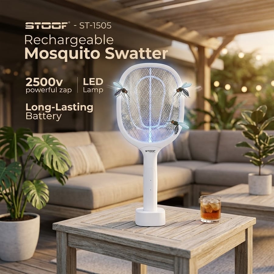 مضرب ناموس كهربائي قابل للشحن ستوف STOOF ST-1505 مع إضاءة LED وجهد 2500 فولت - أبيض