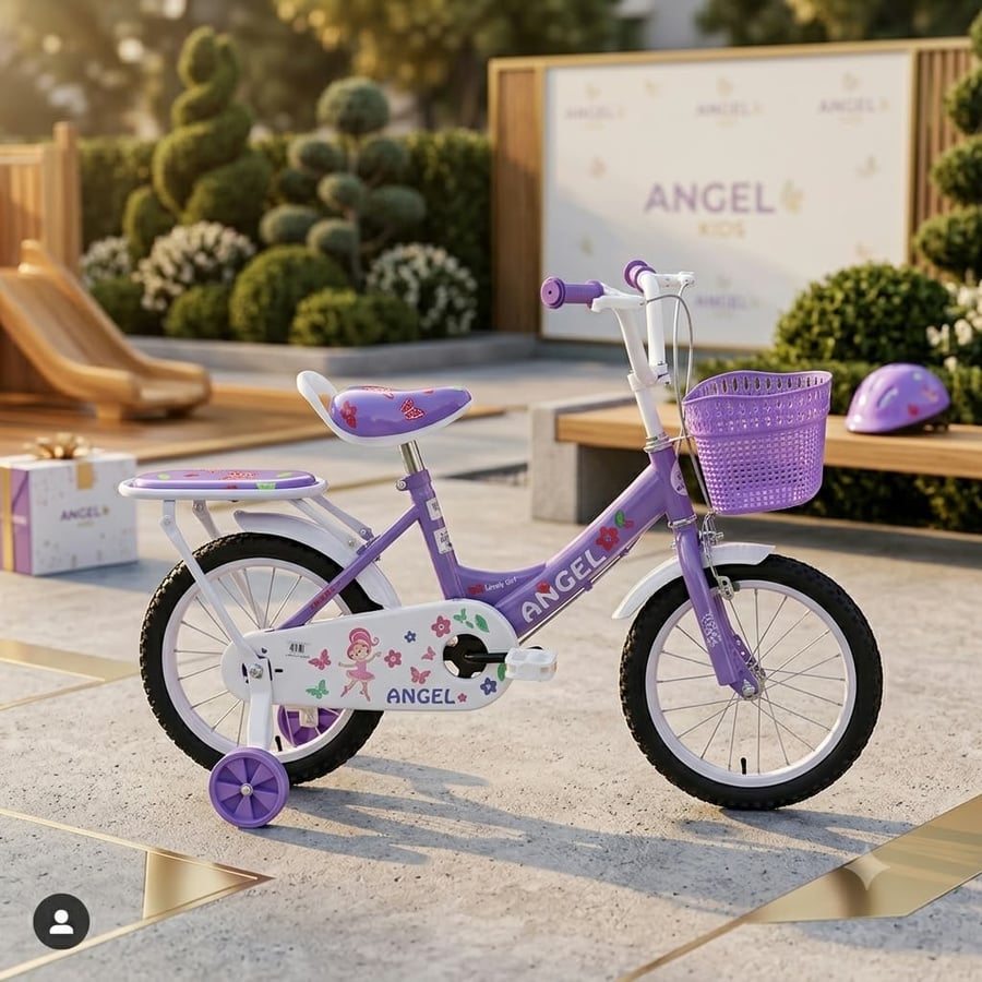 دراجة أطفال 14 بوصة بنفسجي Angel بسلة أمامية ومقعد خلفي وعجلات مساعدة