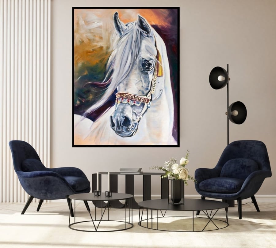لوحة قماشية بتصميم خيل باللون الأبيض مقاس 60x90 سم