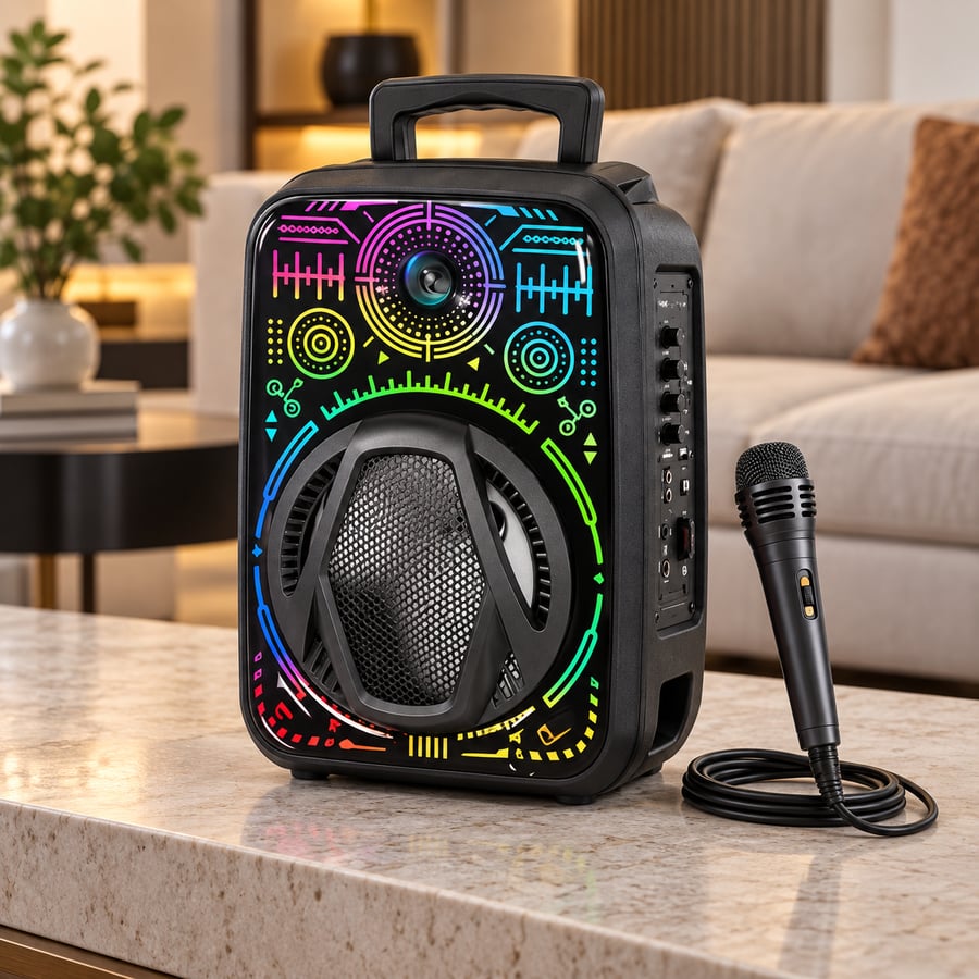 سماعة حفلات ميكرو بلس PS-4834 محمولة مع إضاءة LED ومايكروفون – أسود