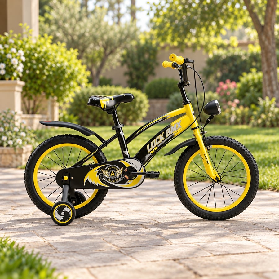 دراجة أطفال 16 بوصة أصفر وأسود BMX بعجلات مساعدة ومصباح أمامي