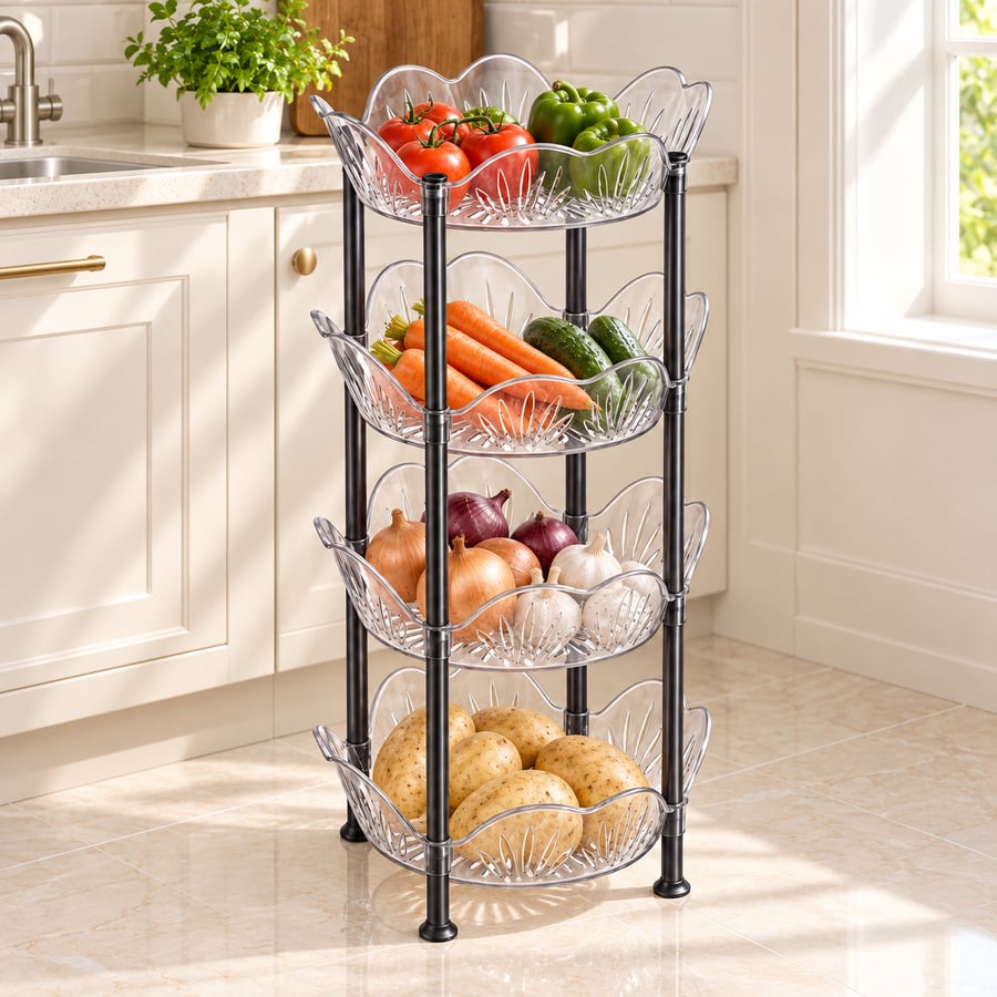 منظم خضار وفواكه 4 أدوار بتصميم رأسي شفاف