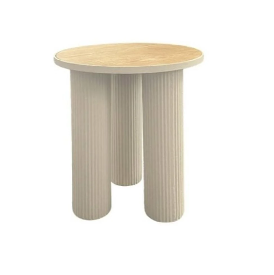 Elegant round side table with three legs and wooden surface - brown and beige color
