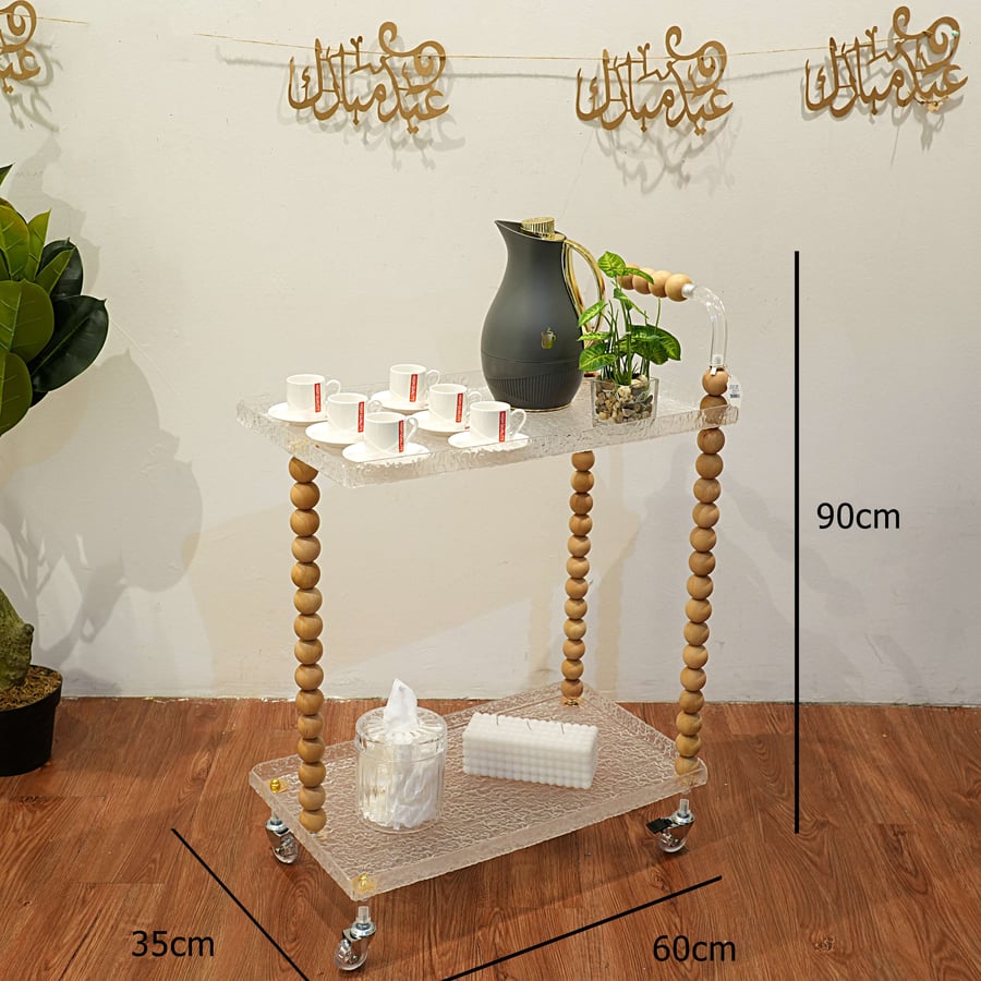 عربة ترولى اكريلك X خشب بيد لتقديم الحلوى و المشروبات بتصميم مميز  باللون الشفاف x بيج 2 دور مقاس 35x60x90 سم