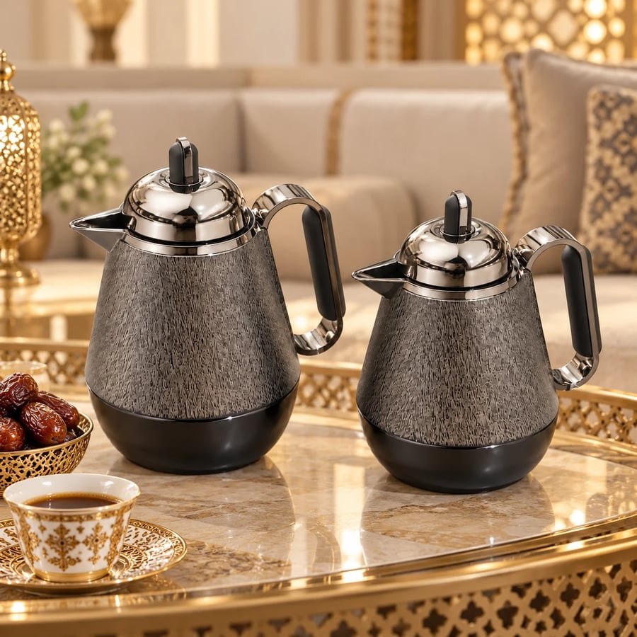 طقم ترامس شاي وقهوة فاخر قطعتين باللون الأسود والفضي بتصميم عصري