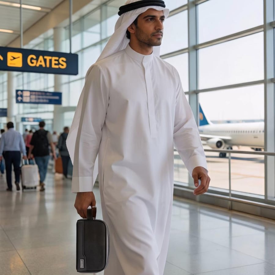 صورة لرجل بالزي السعودي يحمل الحقيبة في المطار