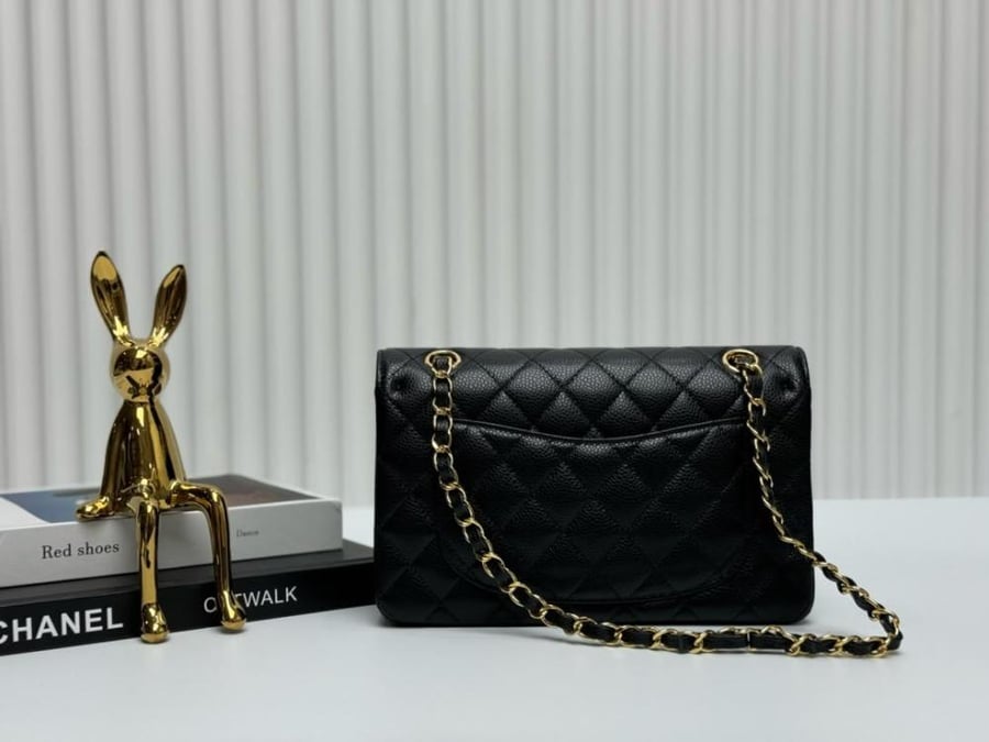 Black Quilted Caviar small Classic Double Flap Gold Hardware 23cm