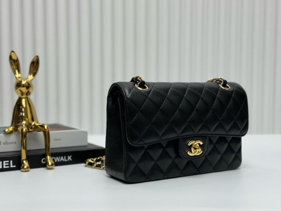 Black Quilted Caviar small Classic Double Flap Gold Hardware 23cm