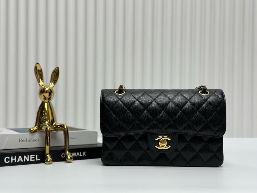 Black Quilted Caviar small Classic Double Flap Gold Hardware 23cm