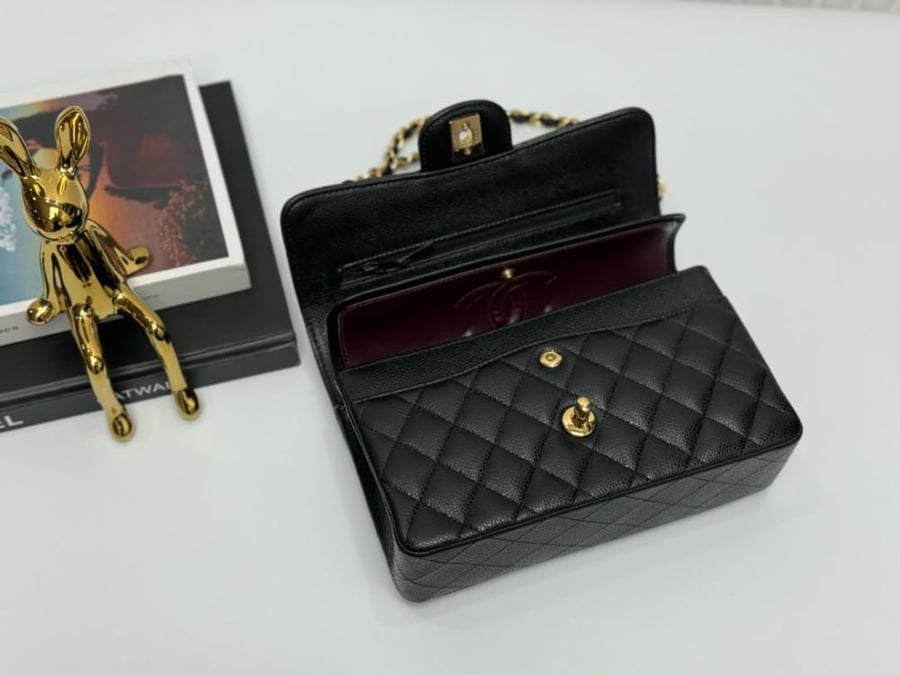 Black Quilted Caviar small Classic Double Flap Gold Hardware 23cm