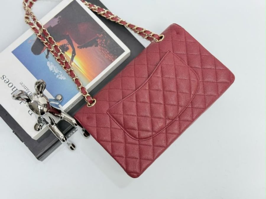 Burgundy Quilted Caviar medium Classic Double Flap Gold Hardware 25cm