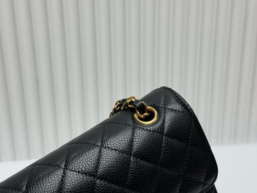 Black Quilted Caviar small Classic Double Flap Gold Hardware 23cm