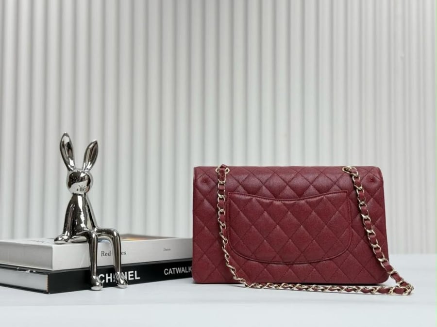 Burgundy Quilted Caviar medium Classic Double Flap Gold Hardware 25cm