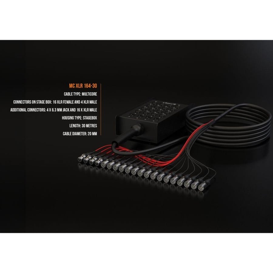 كيبل ستيدج بوكس 30 متر 16 مدخل XLR و 4 مخارج XLR متعدد القنوات لون اسود موديل MC XLR 164-30 ماركة Audibax