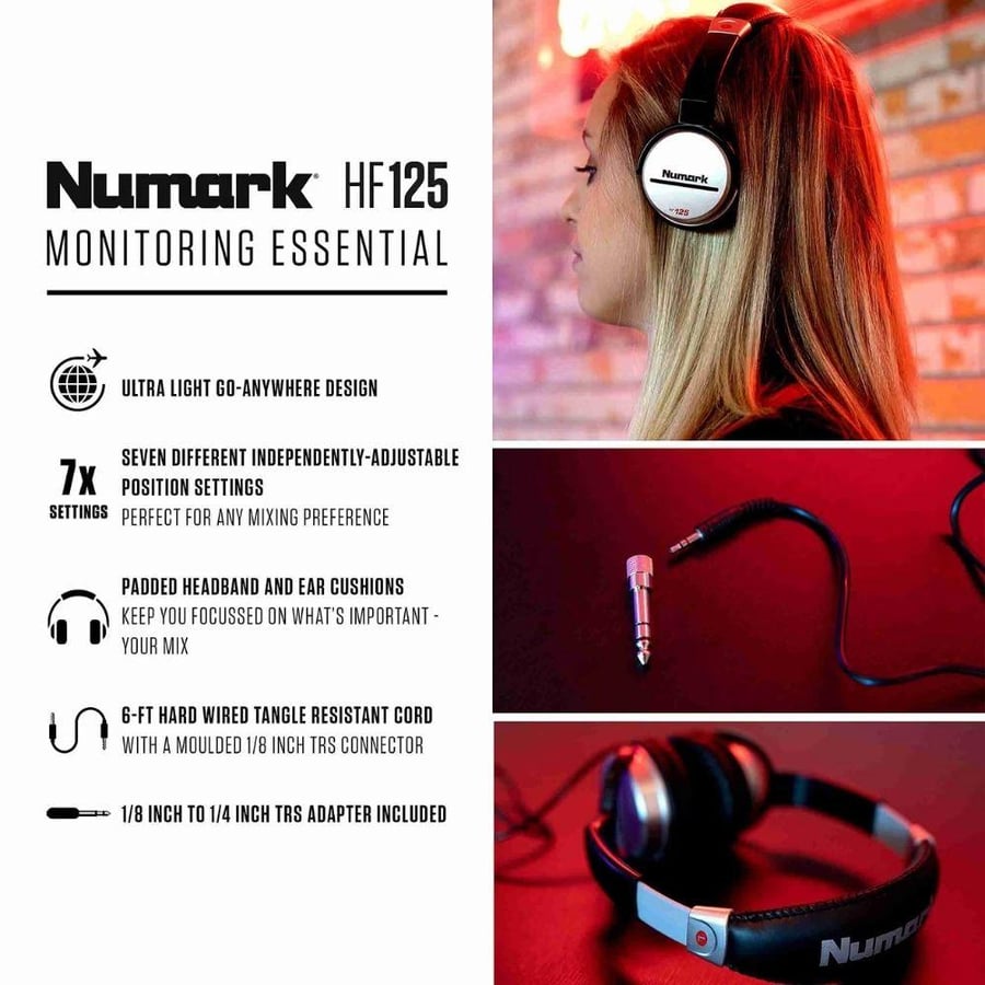 Numark HF125 سماعات راس DJ يتميز التصميم بإمكانية ضبط وضعية أكواب فوق الأذن بدرايفرات 40 مم