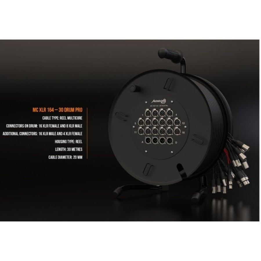 Audibax Pro MC XLR 164-30 Drum كيبل ستيدج بوكس 30 متر 16 مدخل XLR متعدد القنوات من نوع Reel MultiCore