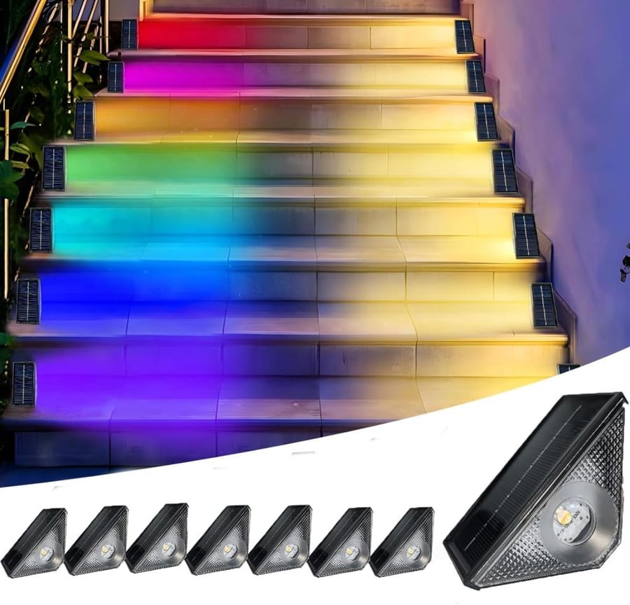مصابيح سطح وسلالم خارجية بالطاقة الشمسية 8 ألوان RGB مقاومة للماء تركيب سهل عبوة 8 حبات