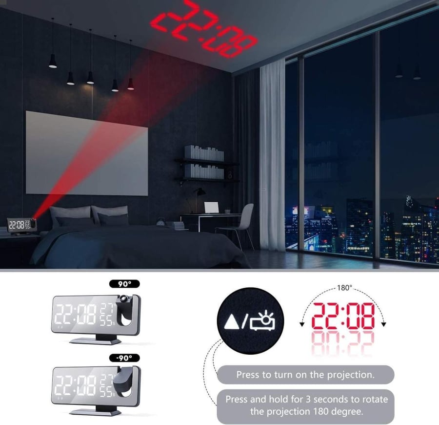 ساعة منبه رقمية ذكية بشاشة LED عاكسة 7.4 انش مع إسقاط على الحائط ومنبه مزدوج وراديو FM لغرف النوم