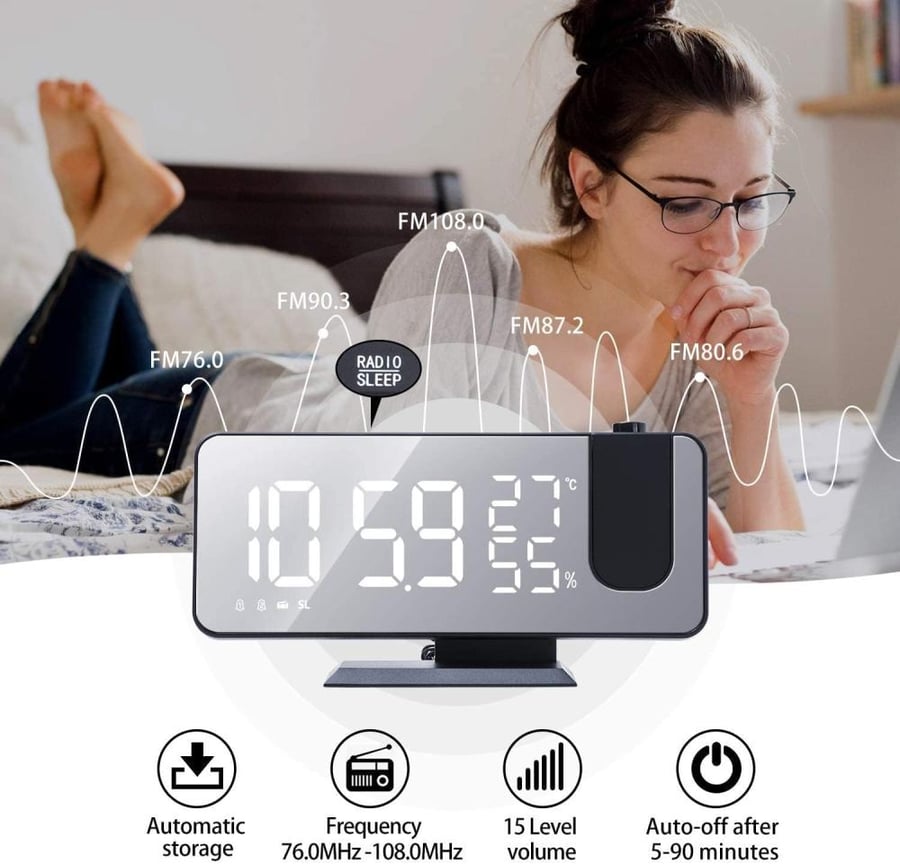 ساعة منبه رقمية ذكية بشاشة LED عاكسة 7.4 انش مع إسقاط على الحائط ومنبه مزدوج وراديو FM لغرف النوم