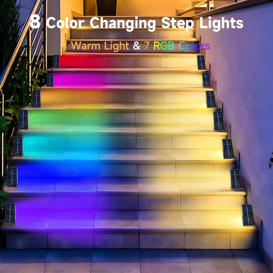 مصابيح سطح وسلالم خارجية بالطاقة الشمسية 8 ألوان RGB مقاومة للماء تركيب سهل عبوة 8 حبات