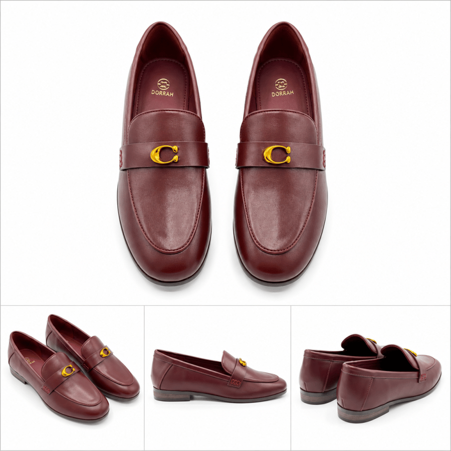 Leather flat shoe decorated with a gold brooch