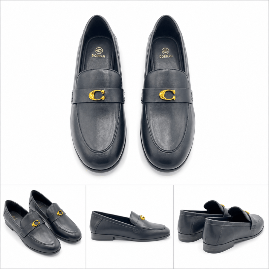 Leather flat shoe decorated with a gold brooch